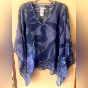 Chico's Chiffon Navy/White Abstract V-Neck Semi Sheer Poncho, L/XL, ~25" long